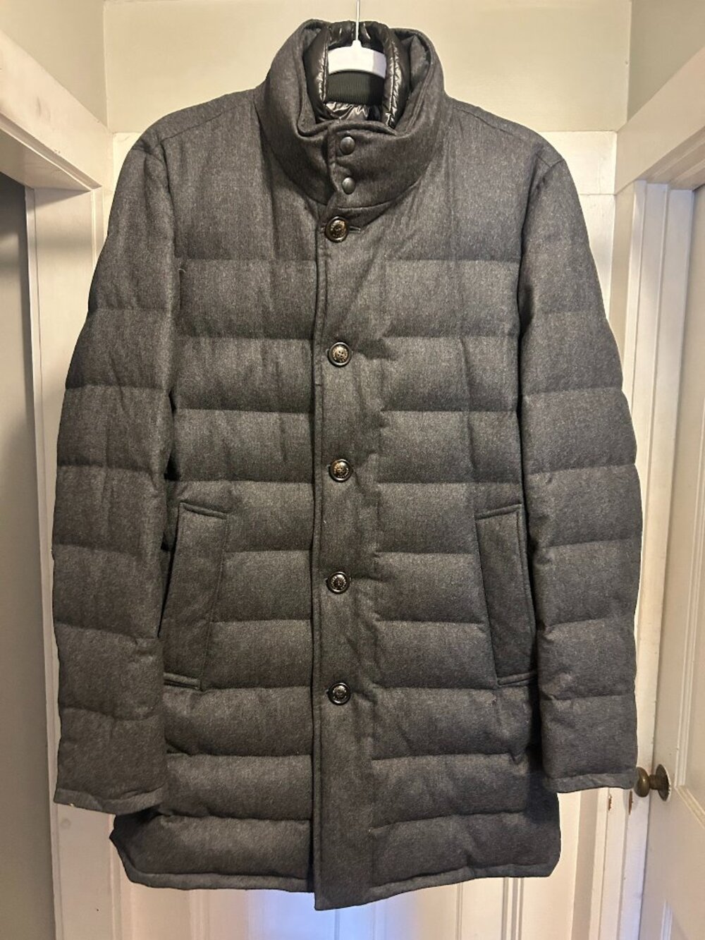 Moncler Vallier Grey Wool Flannel Goose Down Quilted Puffer Coat Size 3 L